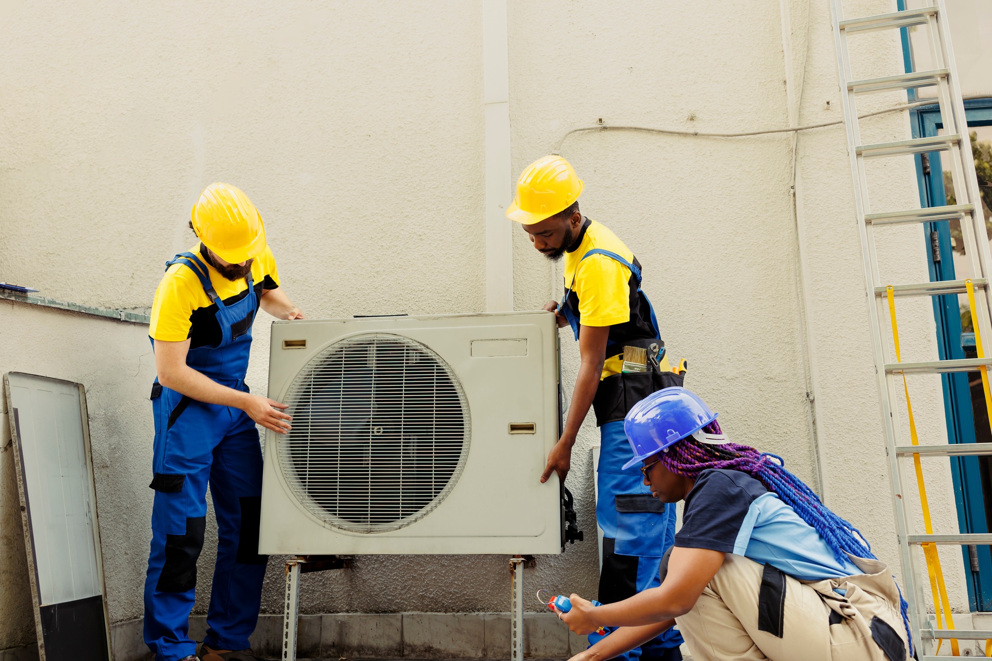 Workers putting air conditioner in place